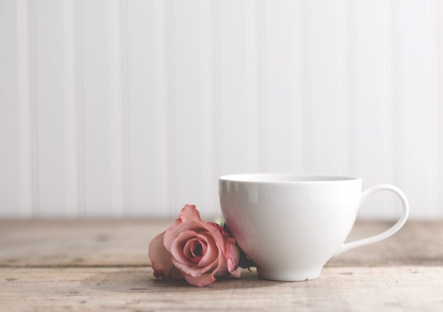 White tea cup and a pink rose