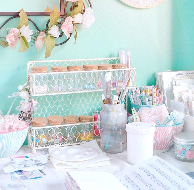 Desk with art supplies